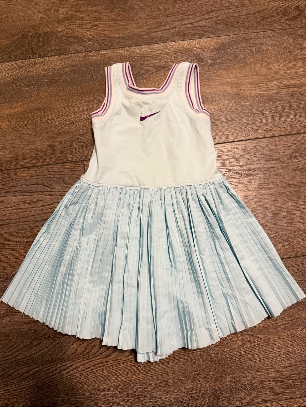 Nike Girls White Tank Tennis Dress with Light Blue Pleated Skirt and Pink Trim